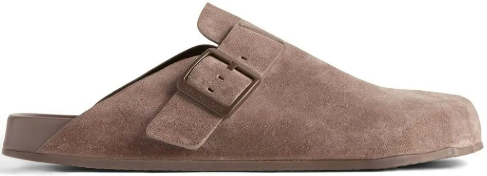 BALENCIAGA SUNDAY MULES   CALF SUEDE, ASYMMETRIC, BUCKLED.