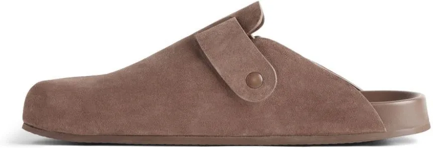 BALENCIAGA SUNDAY MULES   CALF SUEDE, ASYMMETRIC, BUCKLED.