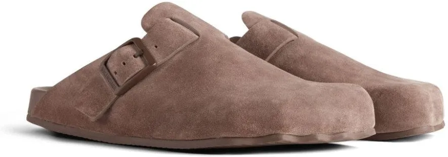 BALENCIAGA SUNDAY MULES   CALF SUEDE, ASYMMETRIC, BUCKLED.