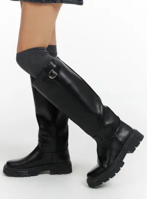 Basic Faux Leather Buckle Knee-High Boots CF416