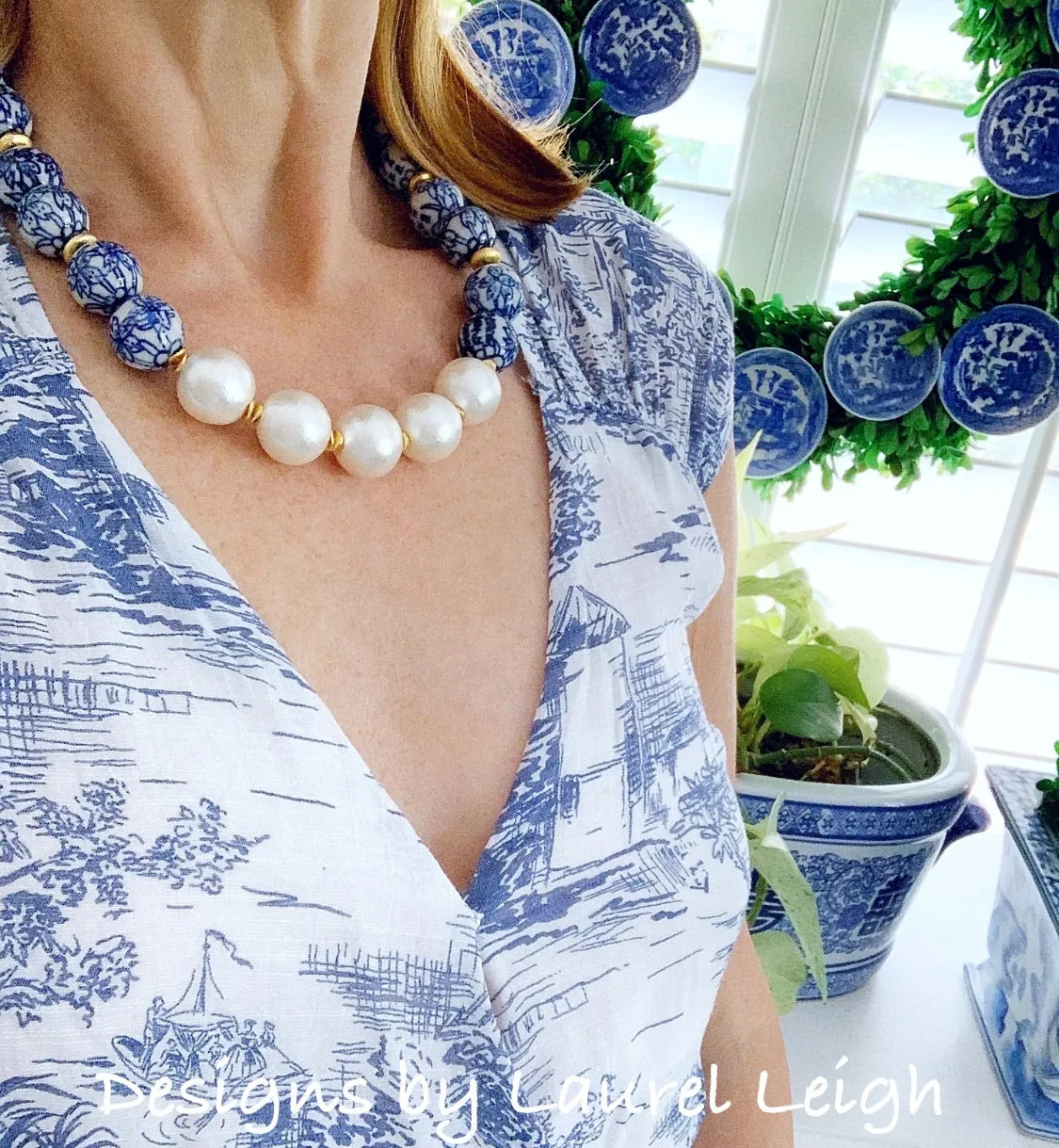 Blue & White Chinoiserie Pearl Necklace