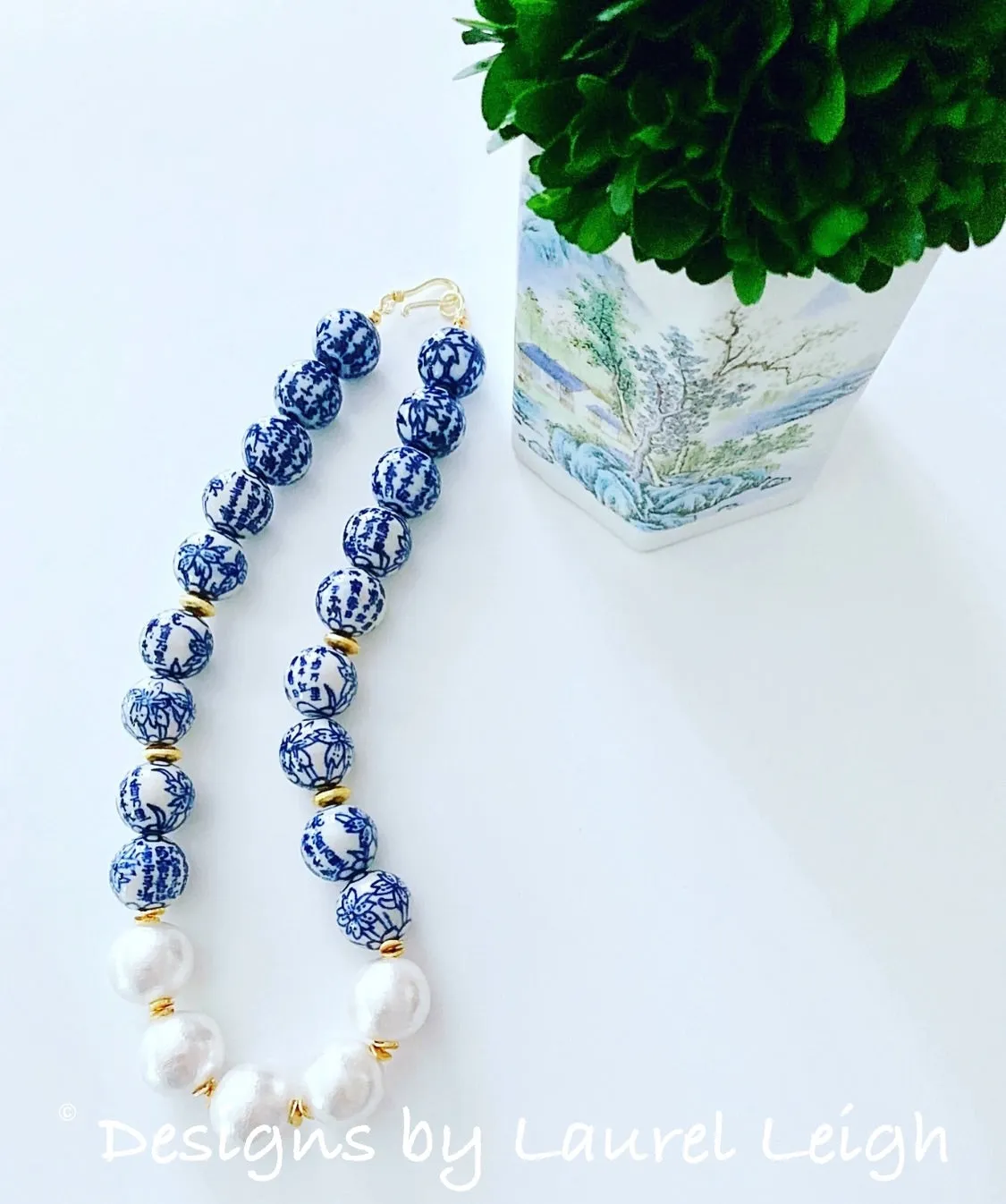 Blue & White Chinoiserie Pearl Necklace