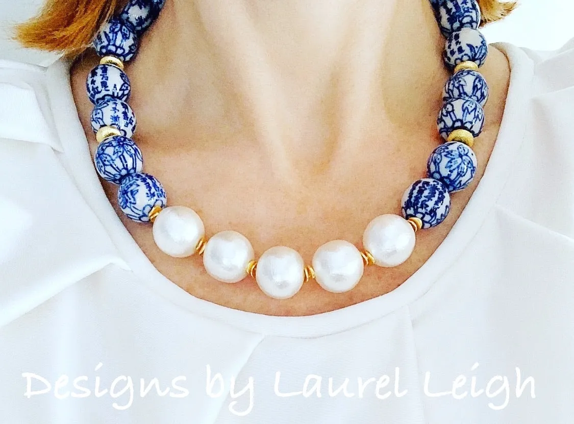 Blue & White Chinoiserie Pearl Necklace