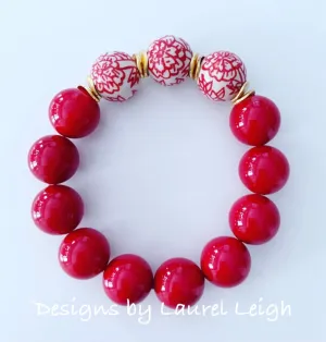 Chinoiserie Red Peony Flower & Pearl Beaded Statement Bracelet