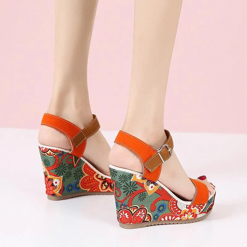 Fashion Flowers Embroidered High Wedge Sandals For Women Summer Toe Platform Buckle Shoes