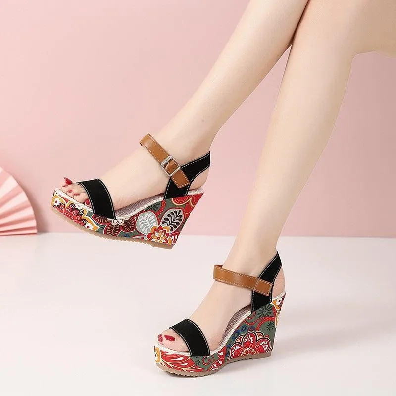 Fashion Flowers Embroidered High Wedge Sandals For Women Summer Toe Platform Buckle Shoes