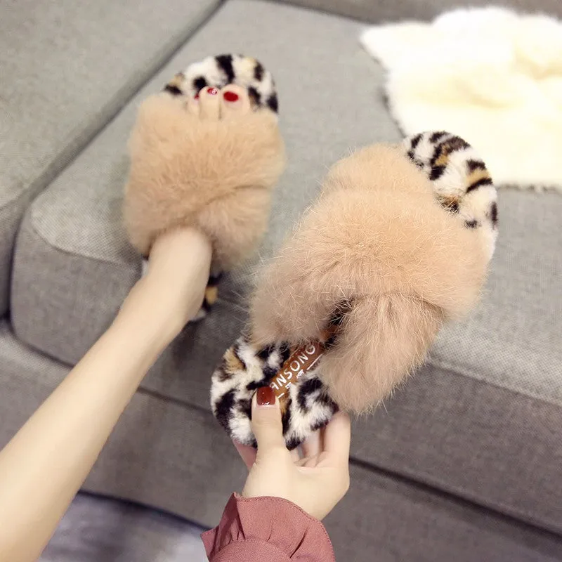 Faux-Fur Leopard Print Criss Cross Slippers for Women