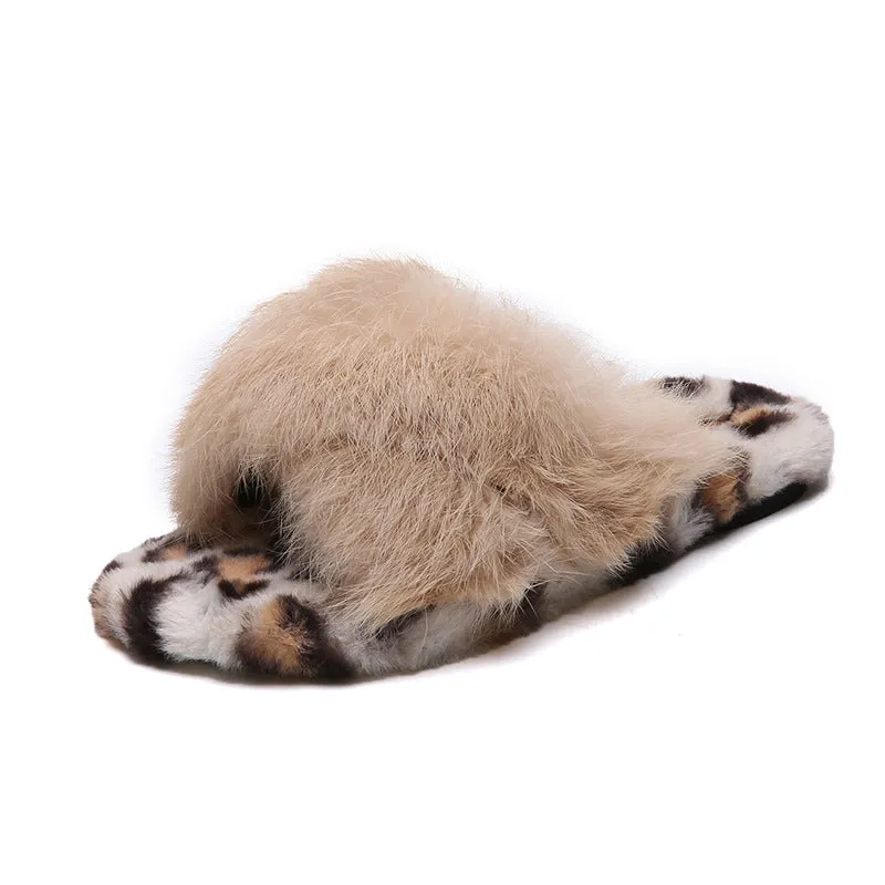 Faux-Fur Leopard Print Criss Cross Slippers for Women