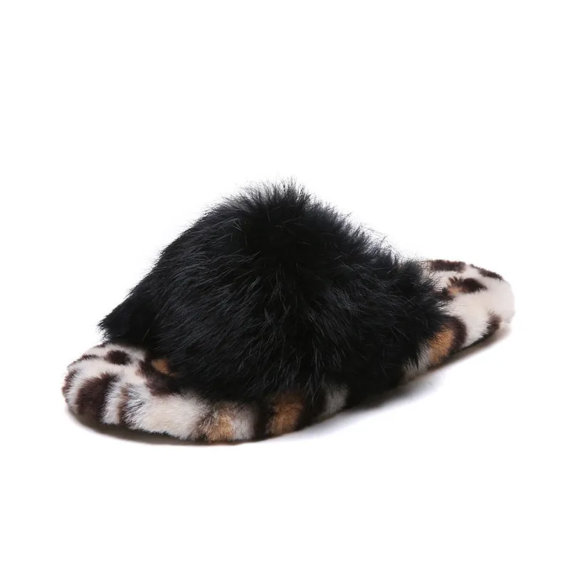 Faux-Fur Leopard Print Criss Cross Slippers for Women