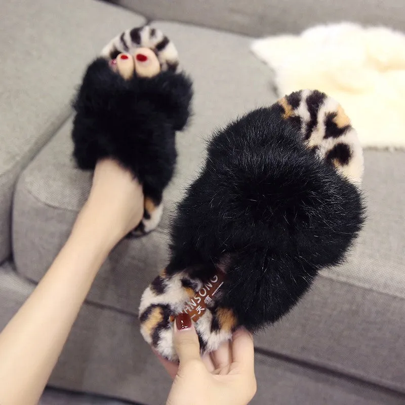 Faux-Fur Leopard Print Criss Cross Slippers for Women