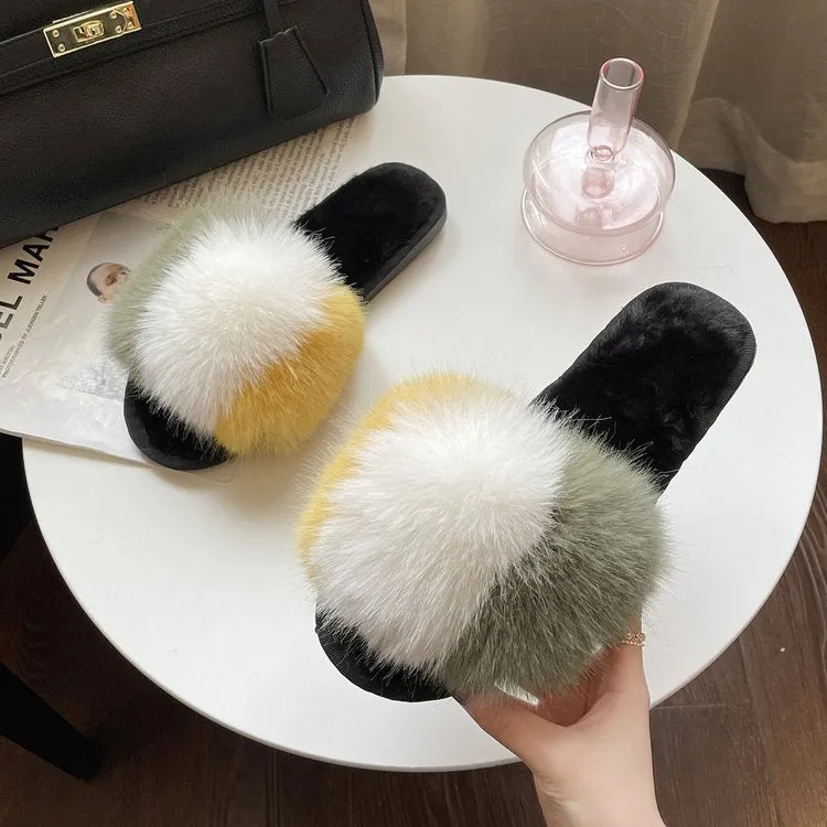 Fluffy Tricolored Faux-Fur Slippers for Women