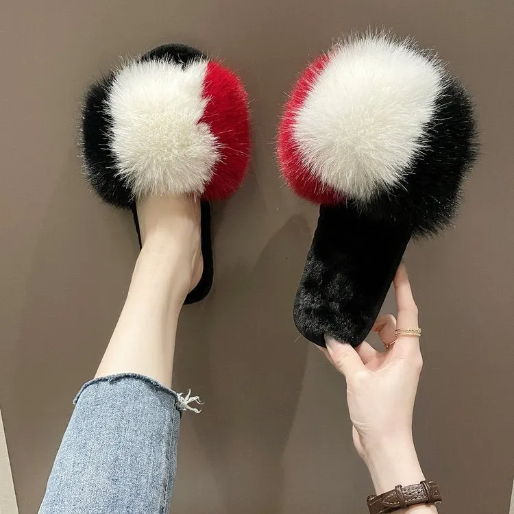 Fluffy Tricolored Faux-Fur Slippers for Women