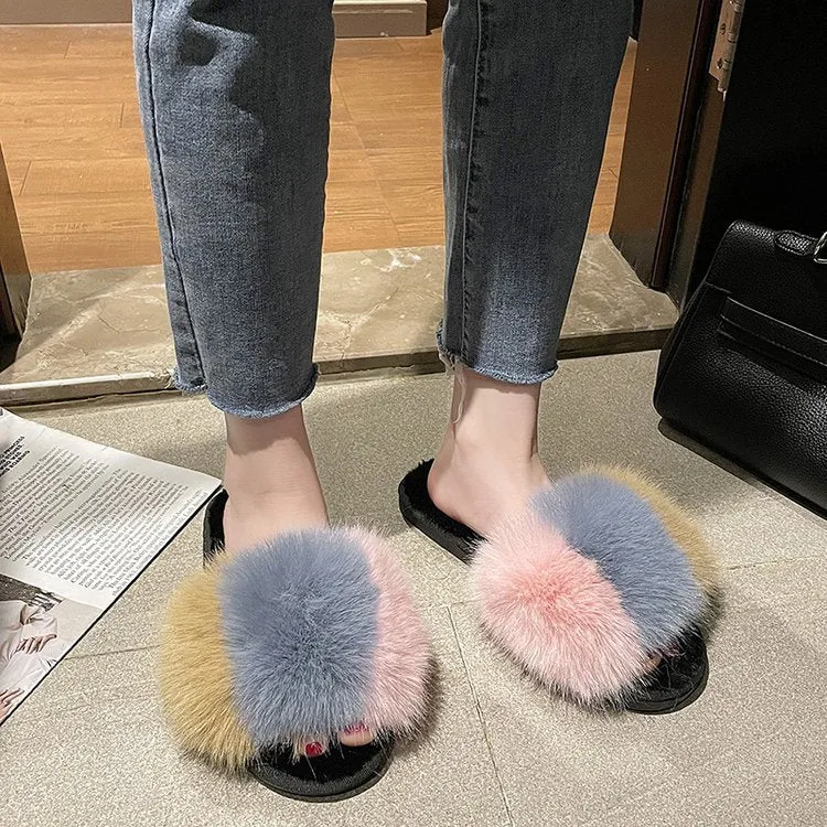 Fluffy Tricolored Faux-Fur Slippers for Women