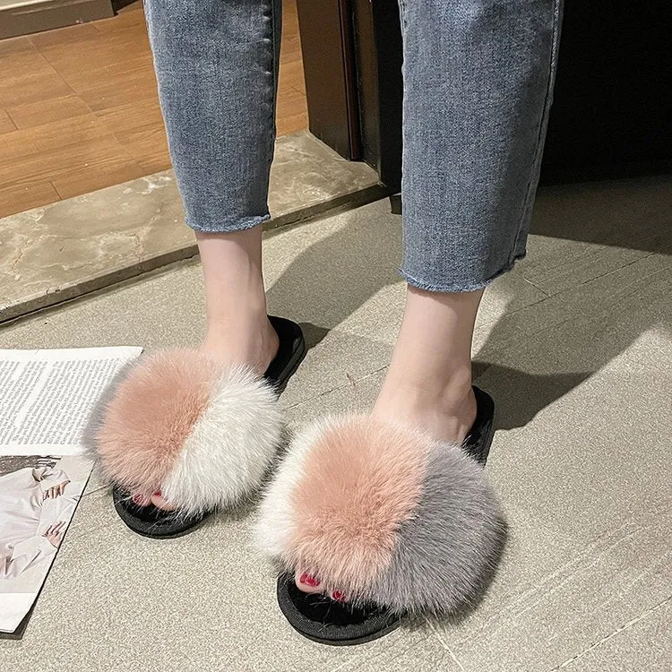 Fluffy Tricolored Faux-Fur Slippers for Women