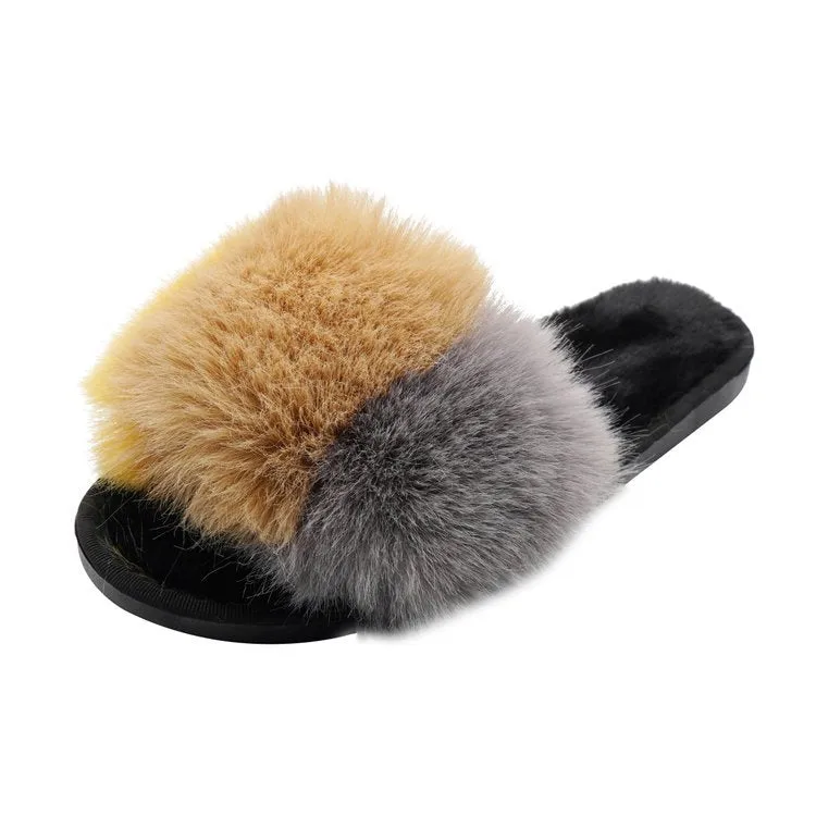 Fluffy Tricolored Faux-Fur Slippers for Women