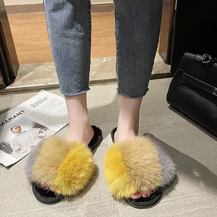 Fluffy Tricolored Faux-Fur Slippers for Women