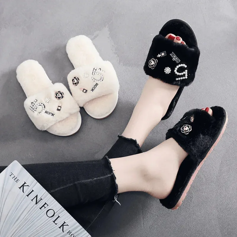 Fur Slippers with Applique for Women