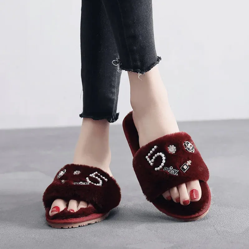 Fur Slippers with Applique for Women