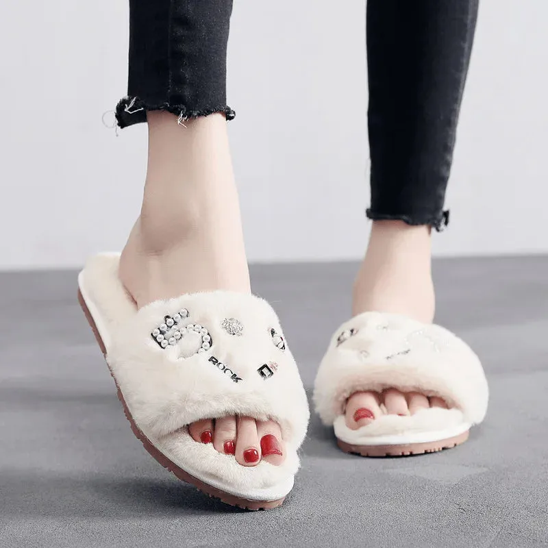 Fur Slippers with Applique for Women