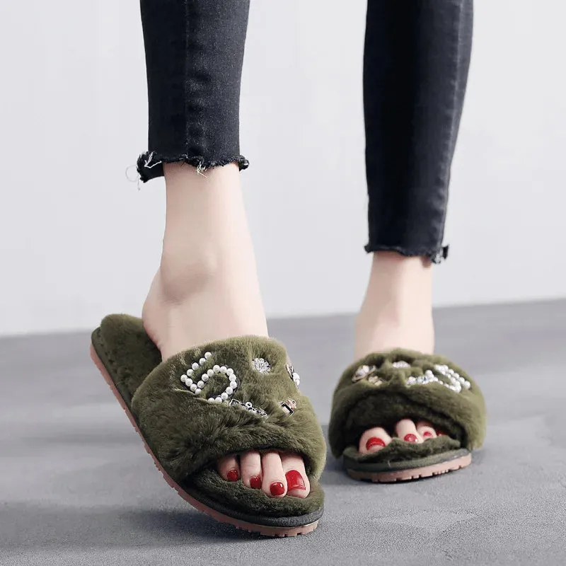 Fur Slippers with Applique for Women