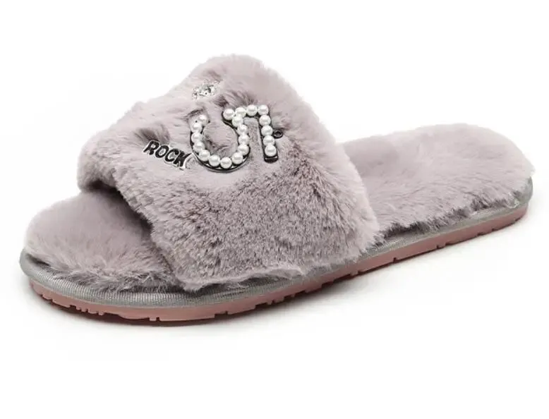 Fur Slippers with Applique for Women