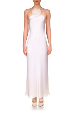 Off White Silk Satin Halter Gown With Silk Flower