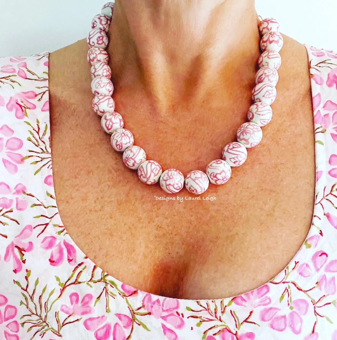 Pink & White Chinoiserie Floral Necklace