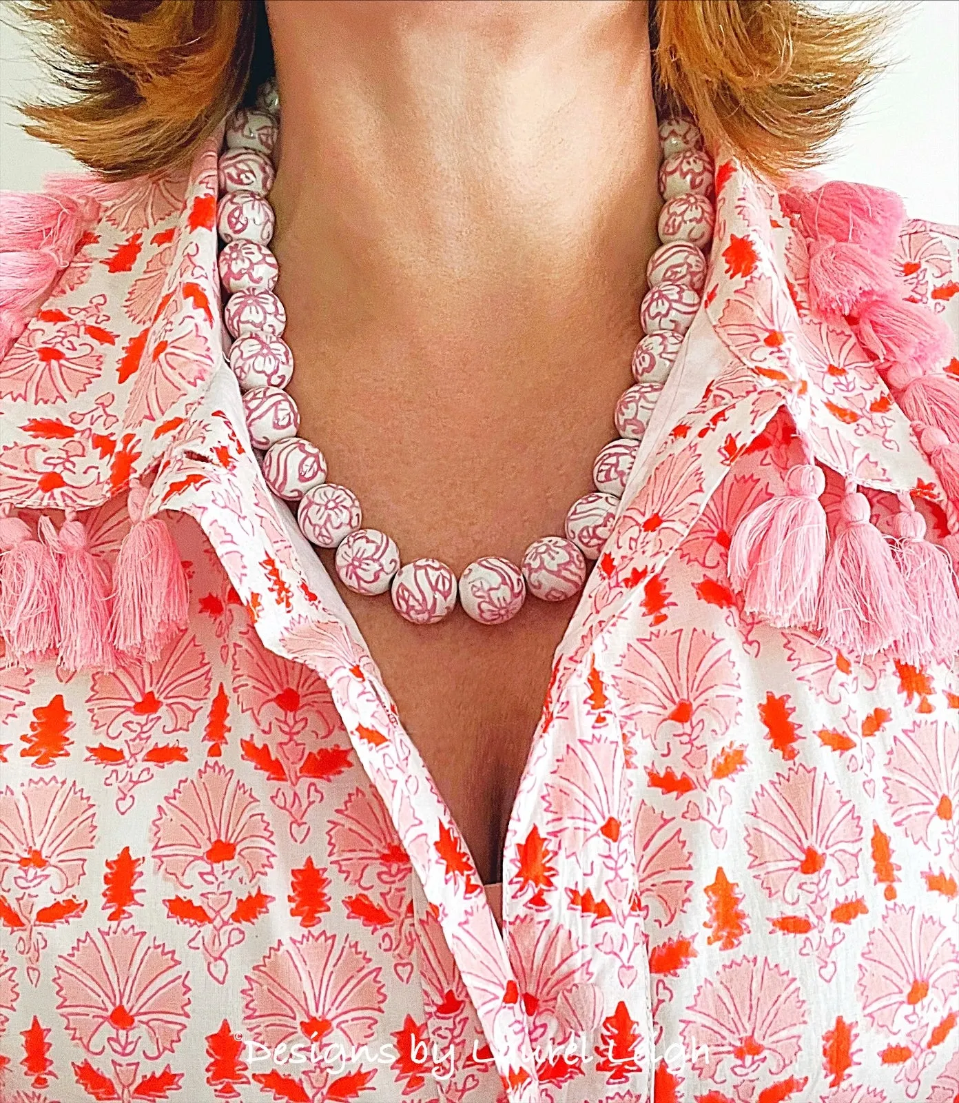 Pink & White Chinoiserie Floral Necklace