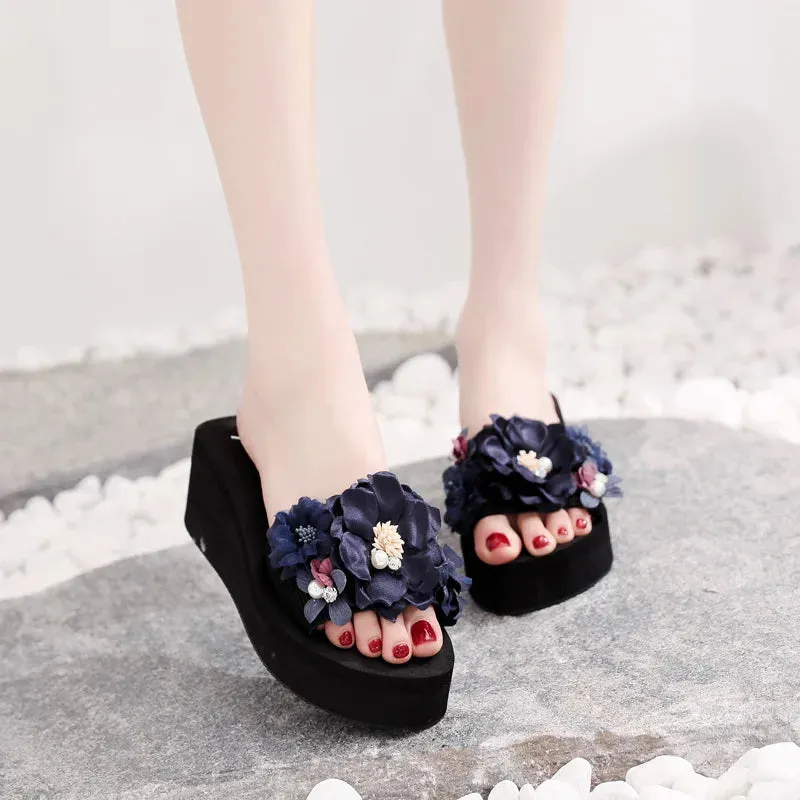 Platform Slippers with Flowers for Women