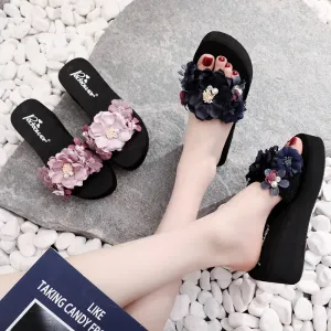 Platform Slippers with Flowers for Women