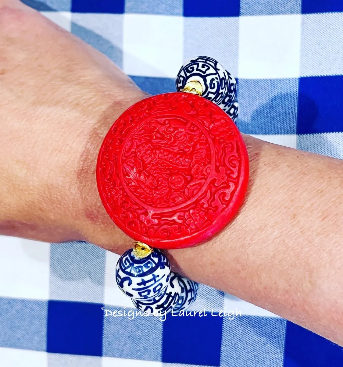 Red, Blue & White Double Happiness Cinnabar Bracelet