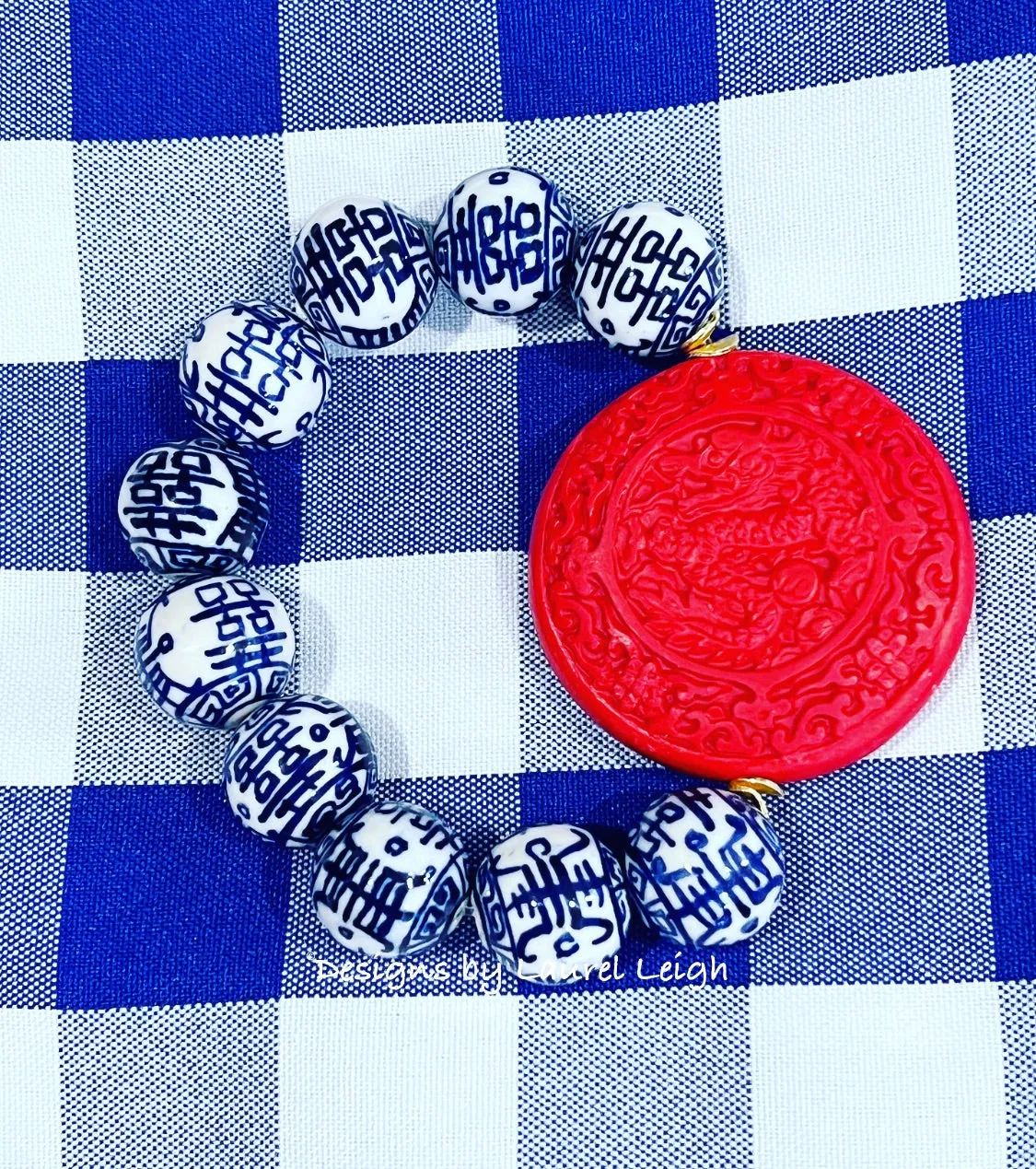 Red, Blue & White Double Happiness Cinnabar Bracelet