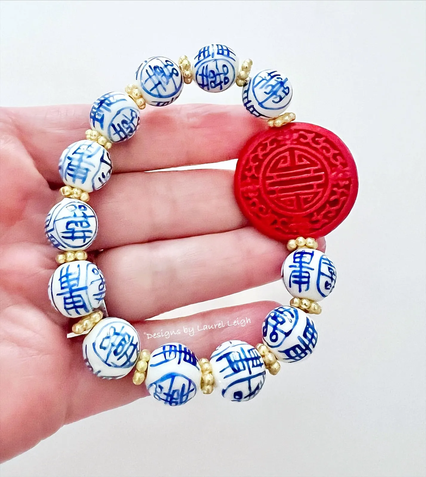 Red, Blue & White Double Happiness Cinnabar Bracelet