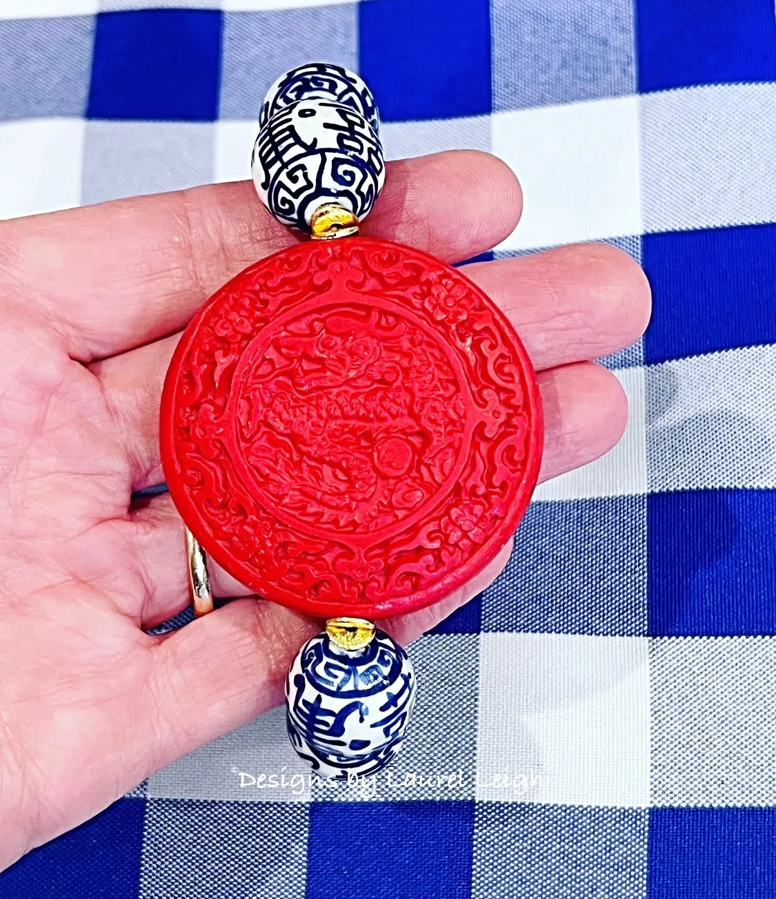 Red, Blue & White Double Happiness Cinnabar Bracelet