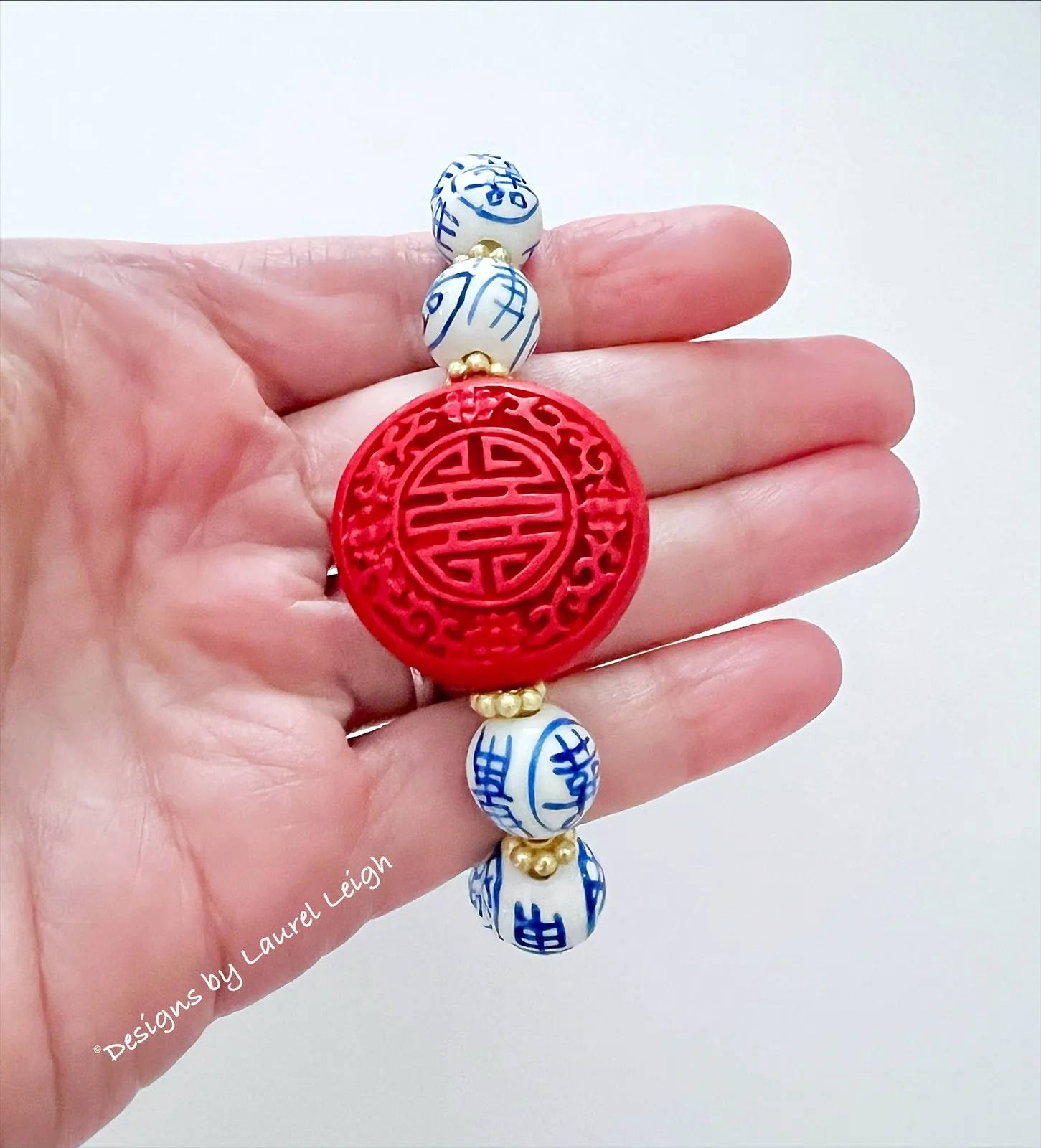 Red, Blue & White Double Happiness Cinnabar Bracelet