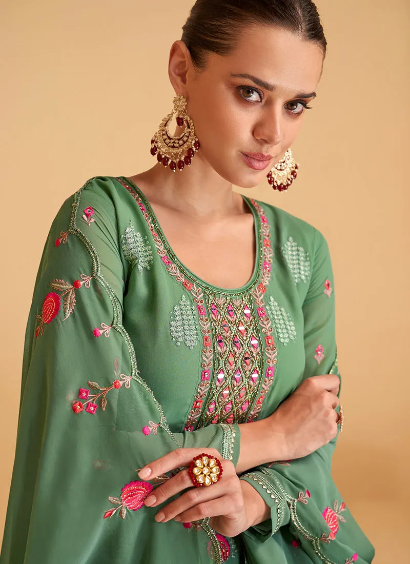 Sea Green Multi Embroidery Festive Palazzo Suit