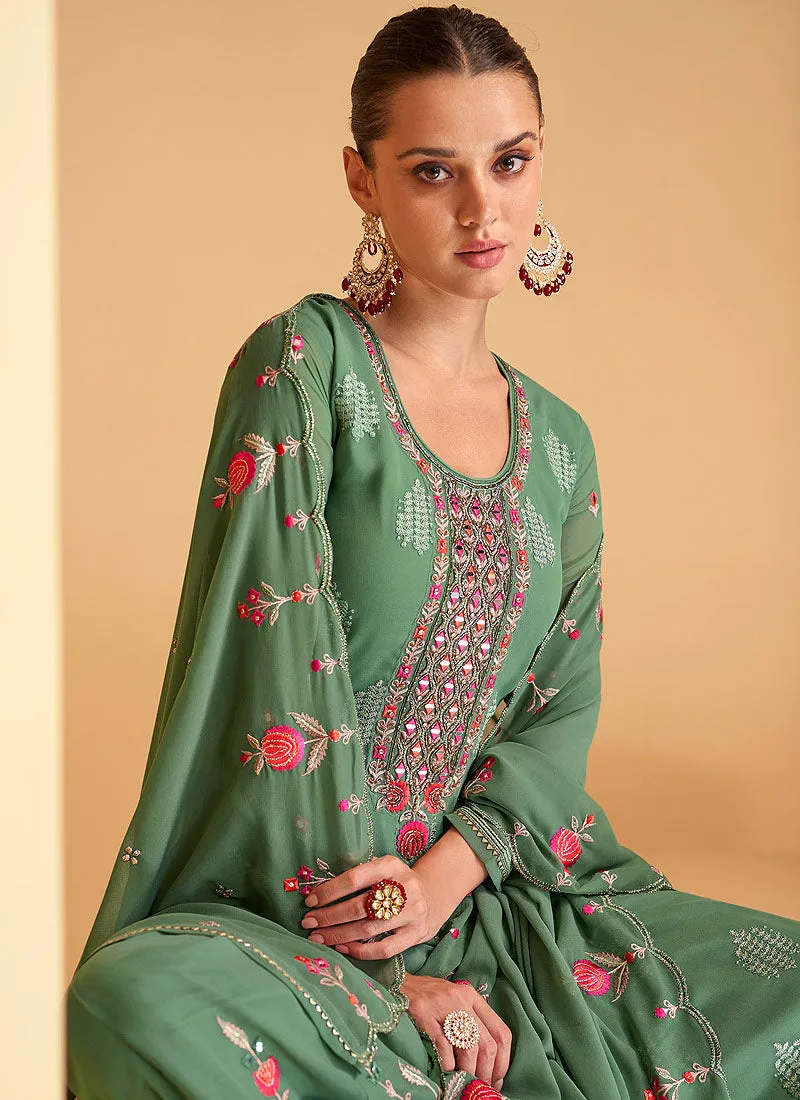 Sea Green Multi Embroidery Festive Palazzo Suit