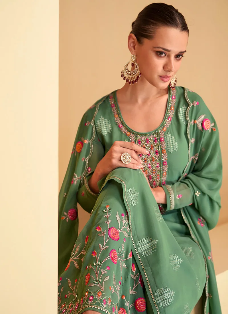 Sea Green Multi Embroidery Festive Palazzo Suit