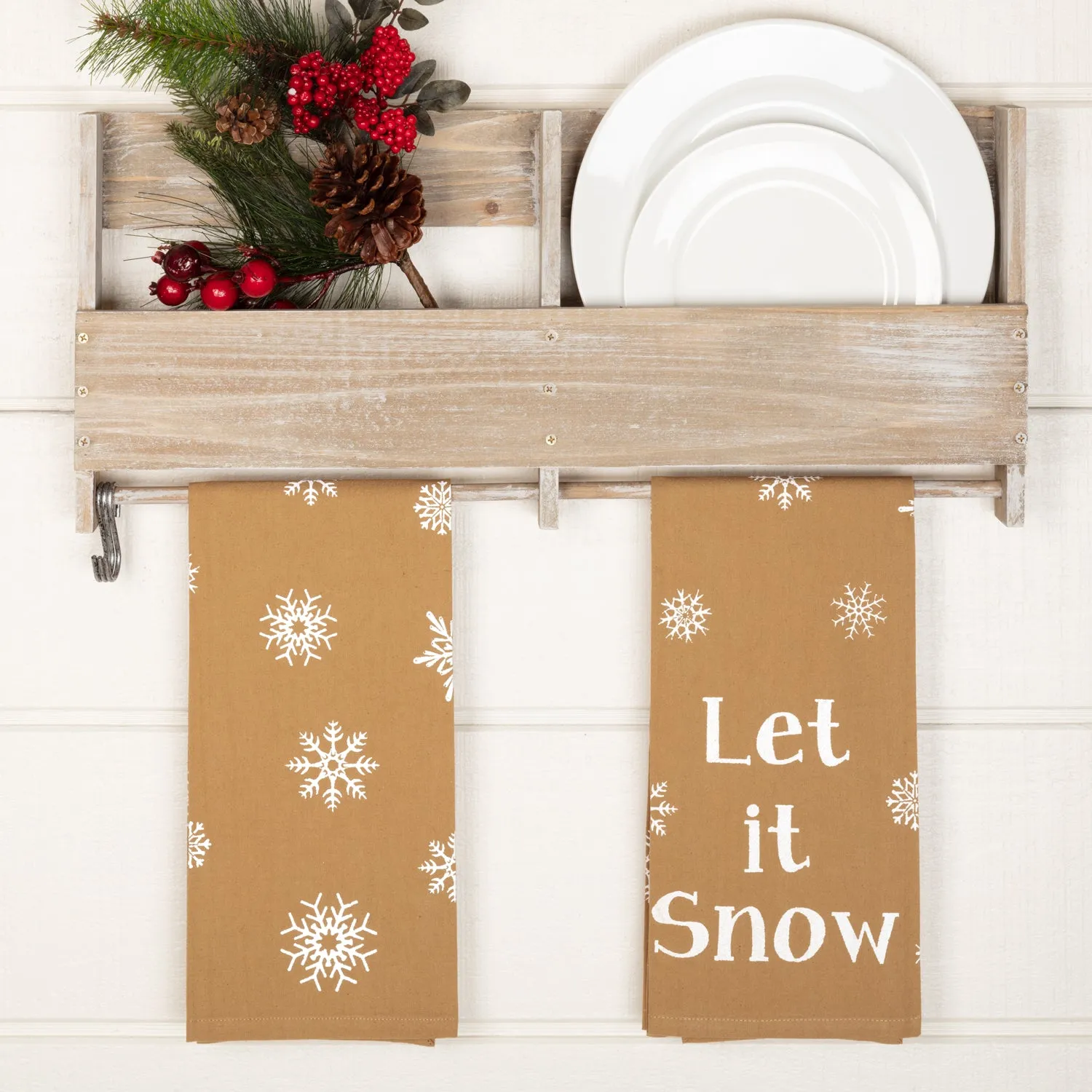 Snowflake Burlap Natural Let It Snow Tea Towel Set of 2 19x28