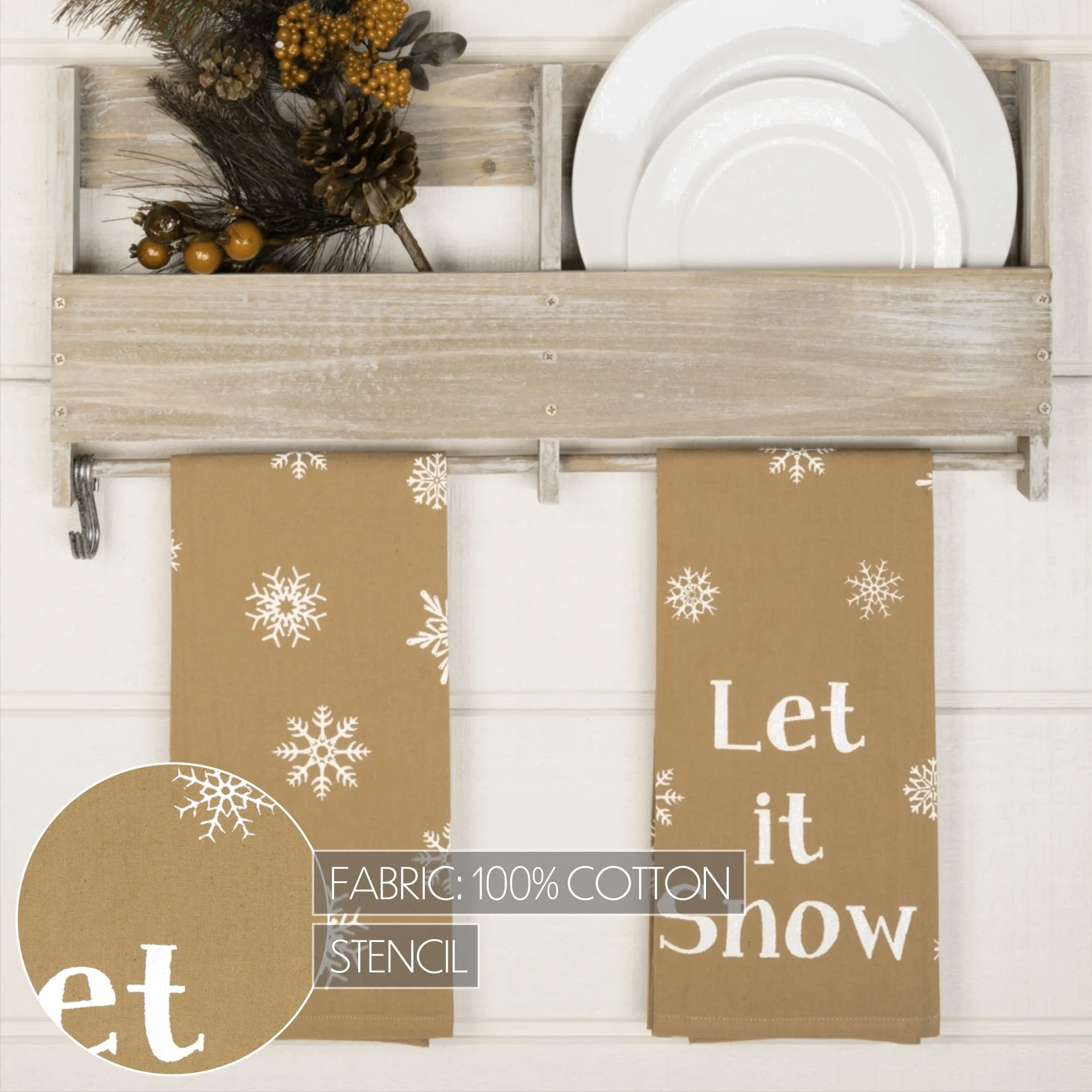 Snowflake Burlap Natural Let It Snow Tea Towel Set of 2 19x28